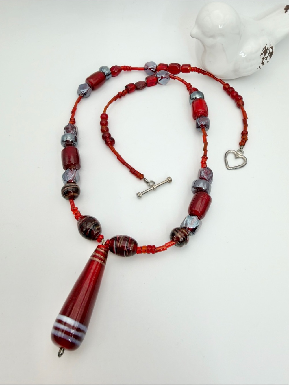 Handmade Red Glass Bead Necklace with Heart Charm